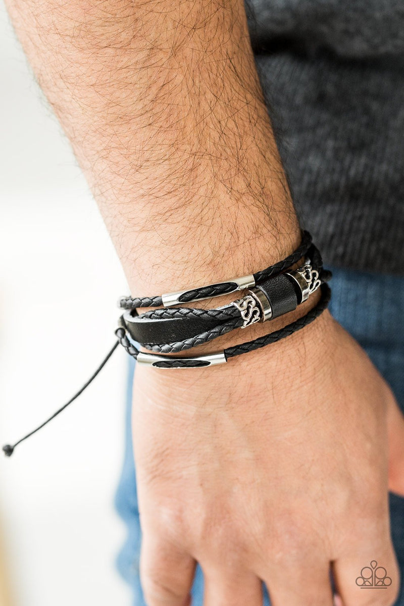 Back in The Backwoods - Paparazzi - Black Wooden Bead Rolled Leather Cording Urban Bracelet