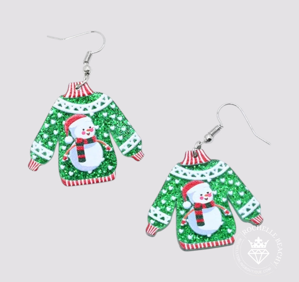 Sweater Sparkle Earrings - Snowman