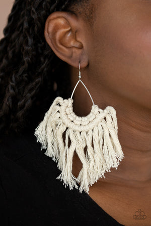 Paparazzi Jewelry. Necklace, Bracelet, Earrings, Rings Tassels of white thread decoratively knot at the bottom of a shiny silver teardrop, creating an earthy fringe. Earring attaches to a standard fishhook fitting.  Sold as one pair of earrings.  New Kit